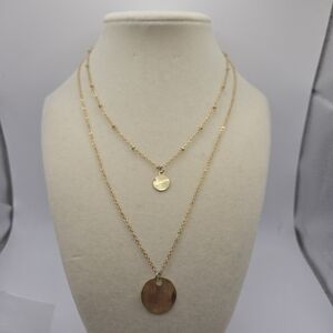 BB LILA Double Layered Gold Chain With Hammered Circle Pendant Necklace